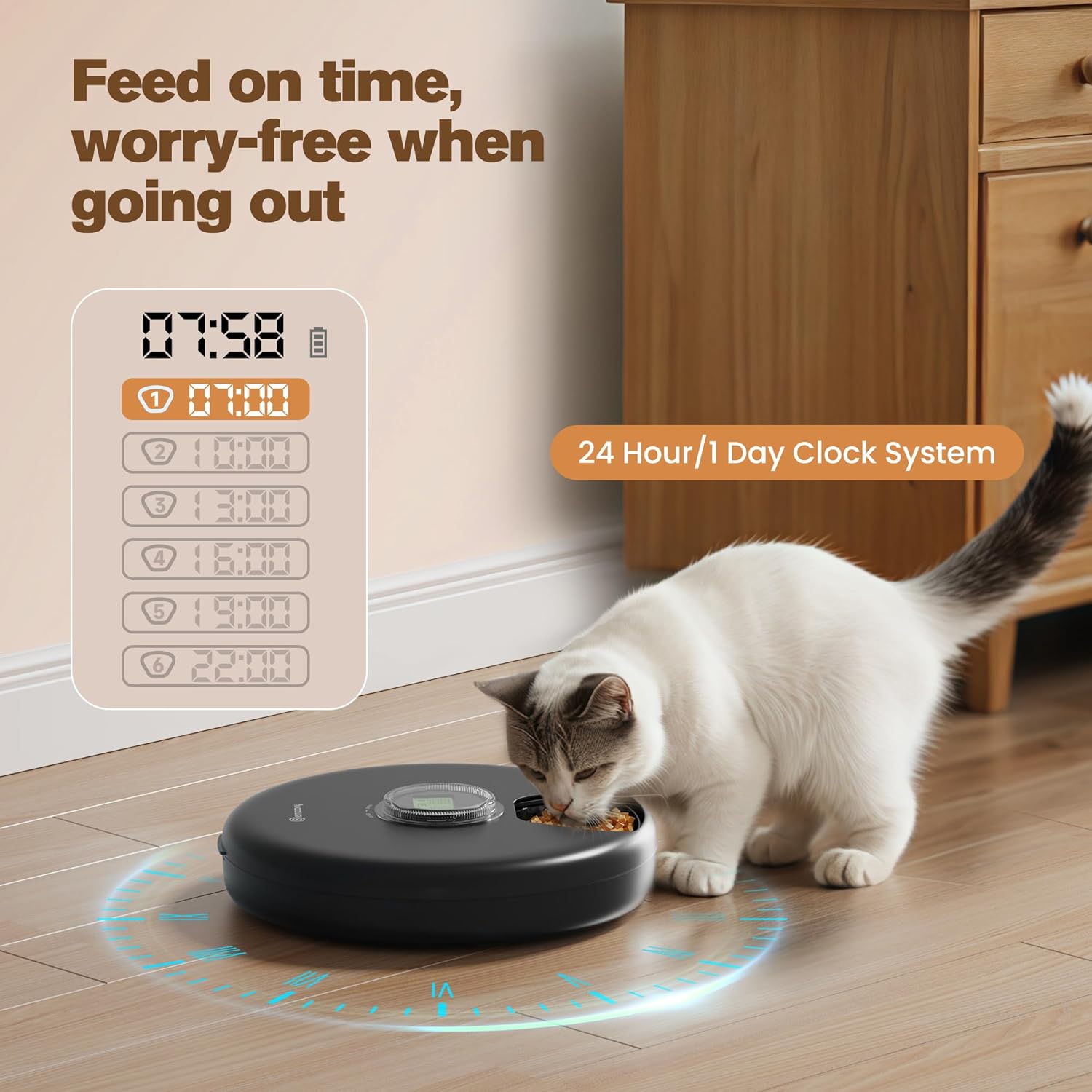 A cat eating from the BEMOONY Automatic Pet Feeder, with an overlay showing the digital timer display and programmed feeding times