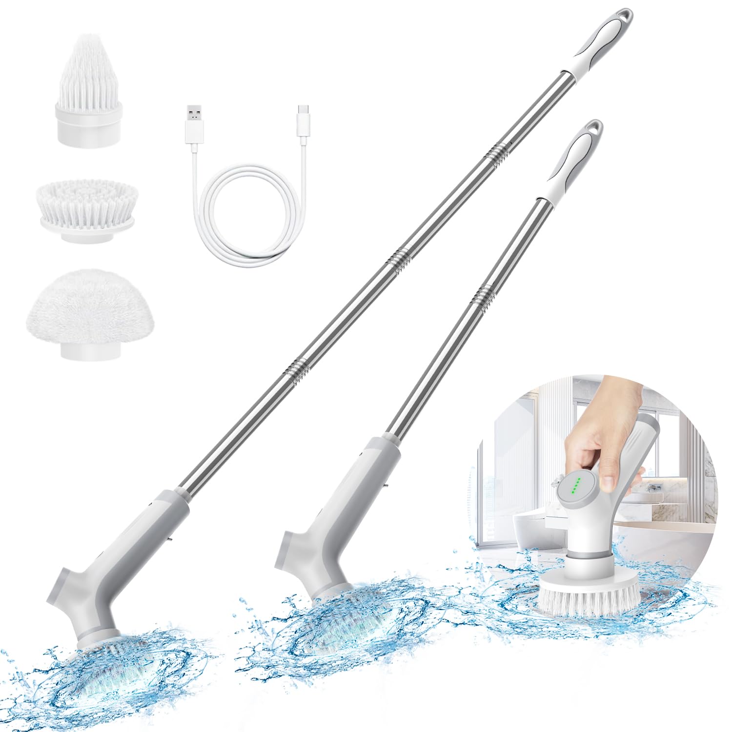 VEWIOR Electric Spin Scrubber, Cordless Cleaning Brush with 3 Adjustable Angle 2 Speeds 3 Replaceable Brush Heads, Electric Cleaning Brush for Floor Bathroom Tub Tile Kitchen Window