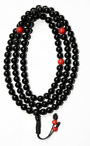 Mala de ónix negro con cuentas espaciadoras de ónix rojo, Mala tibetana y budista, 108 cuentas