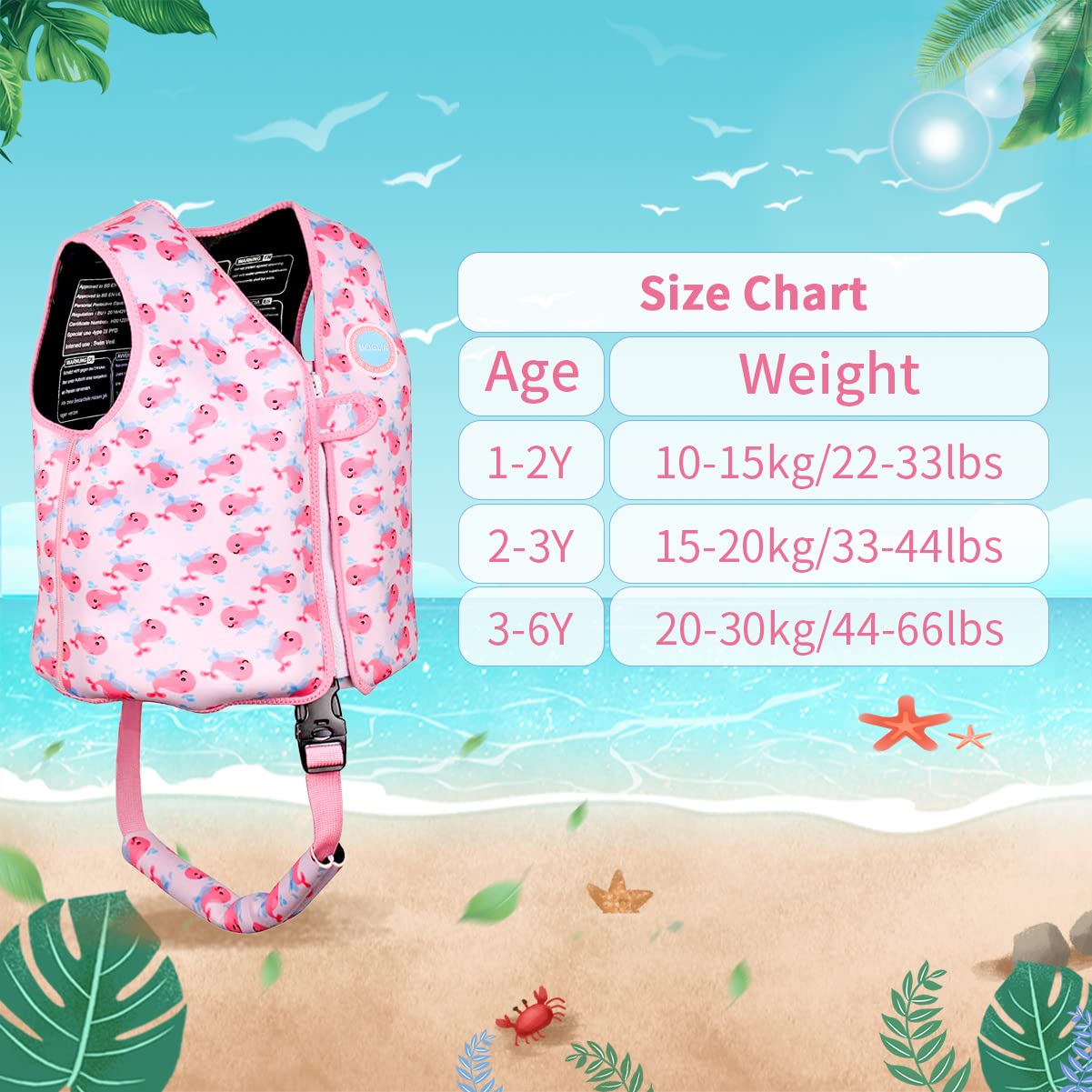 Boglia Kinder-Schwimmweste, Schwimmhilfe für Kleinkinder zum Schwimmenlernen, ultraweiche Neoprenjacke mit verstellbarem Schrittgurt für Schwimmen, Pools und Strand