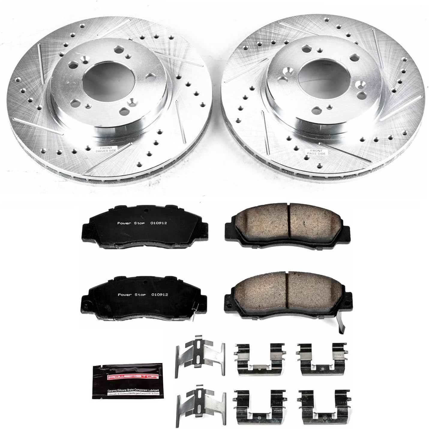 PowerStop Front Brake Kit For Acura Integra 1997-01 |Legend 1991-95 |RL 1996-98 |TL 1996-98 |Honda CR-V 1997-01 - Drilled and Slotted Disc Rotors with Ceramic Brake Pads Replacement, K704