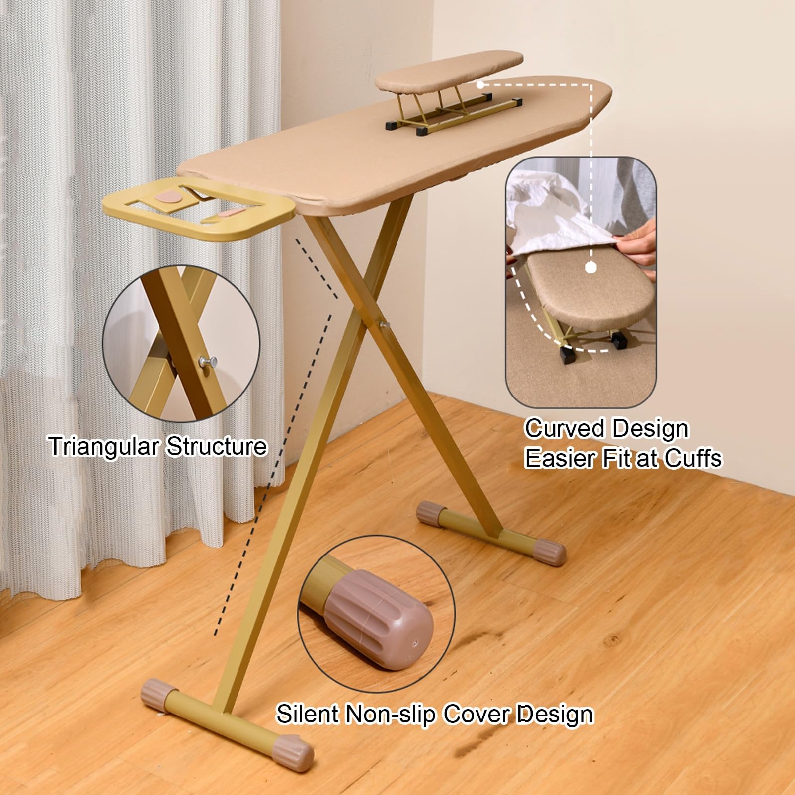 Tabla de Planchar de 7 Alturas Ajustable con Soporte para Plancha, Mesa Planchar Plegable con Soporte para Mangas, Ironing Board de Pie para Hogar y Lavadero(Brown)