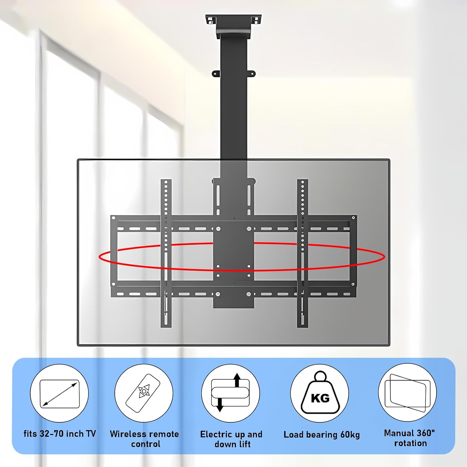Motorized Ceiling TV Bracket, Electric TV Lift with 360° Rotation Left and Right, Floor and Ceiling Installation Methods, Fits 32-70 Inch Flat and Curved TVs (730-1730mm/28.7-68.1 inch)