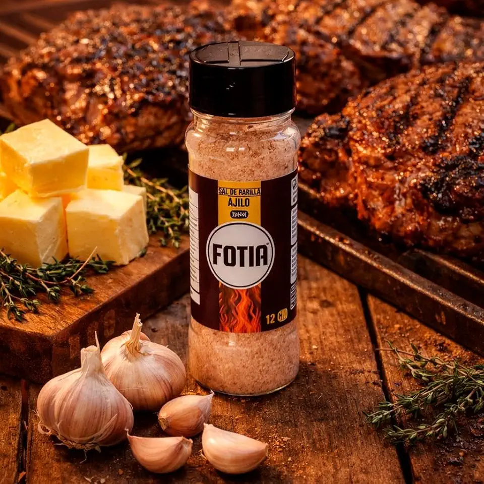 Sal de Parrilla FOTIA 130g – Sal Grosso para Churrasco, Tempero para Carnes e Grelhados, Granulação na Medida (Alho)