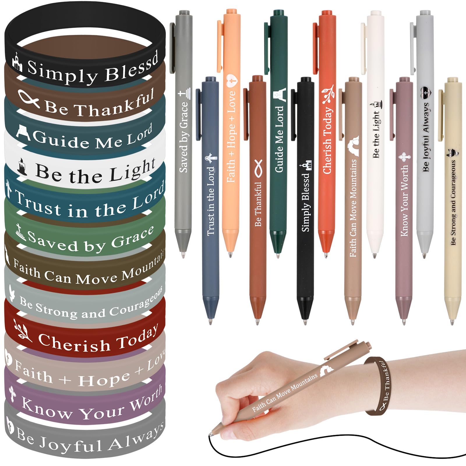 Glenmal 24 Pcs Christian Pens Bracelets Set Scripture Ballpoint Easter Bracelets Bulk Christian Inspirational Gifts for Church Coworkers Women Nurses