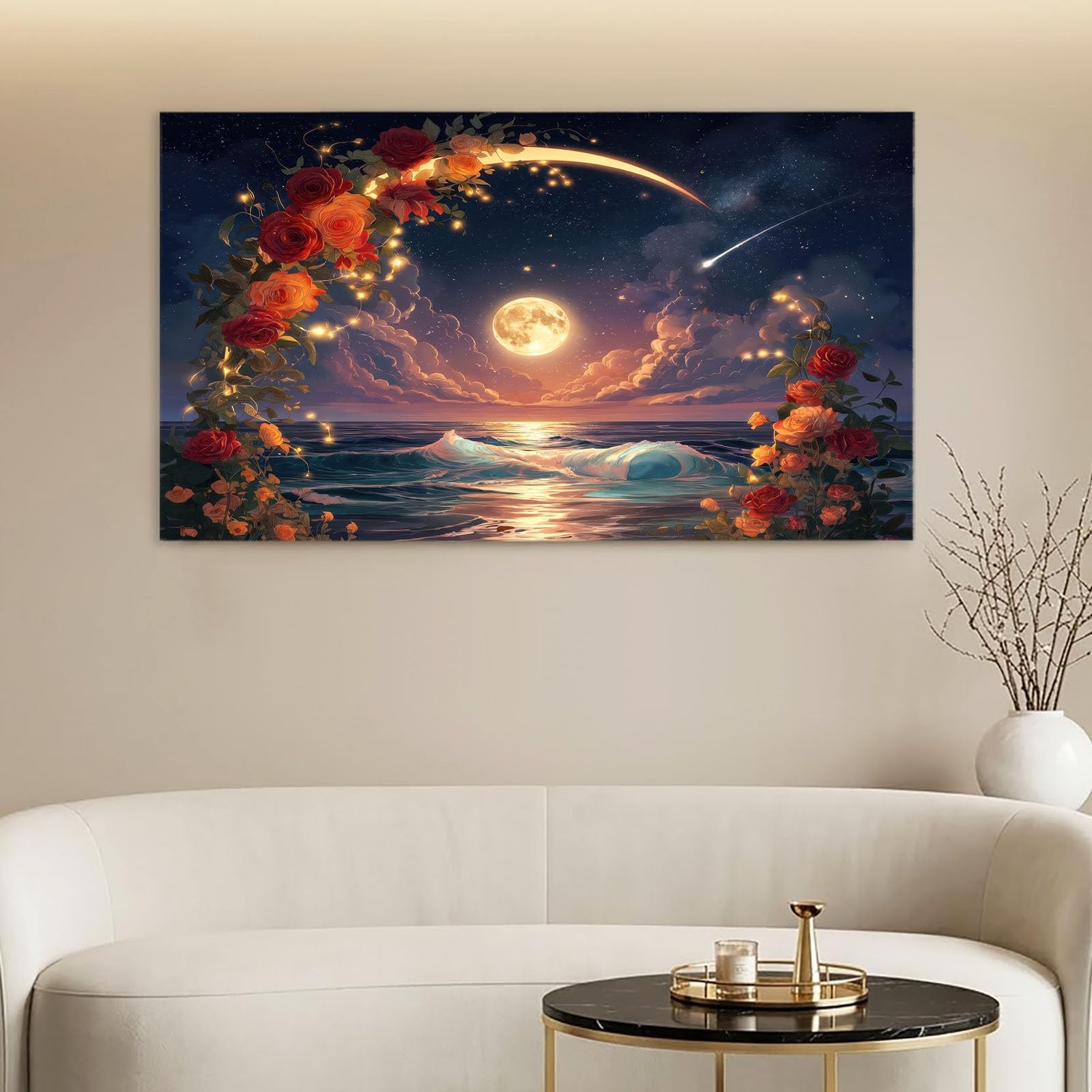 Generisch Lienzo de pared con marco de 120 x 60 cm azul paisaje flor paisaje mural para sala de estar dormitorio y oficina, escena nocturna flor luna, decoración de pared, impresión HD, resistente a