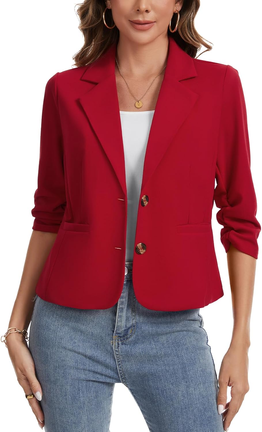 Womens Slim Fit Blazers Casual Jackets 3/4 Ruched Sleeve Notch Lapel Cropped Blazer Business Office Suit Jacket