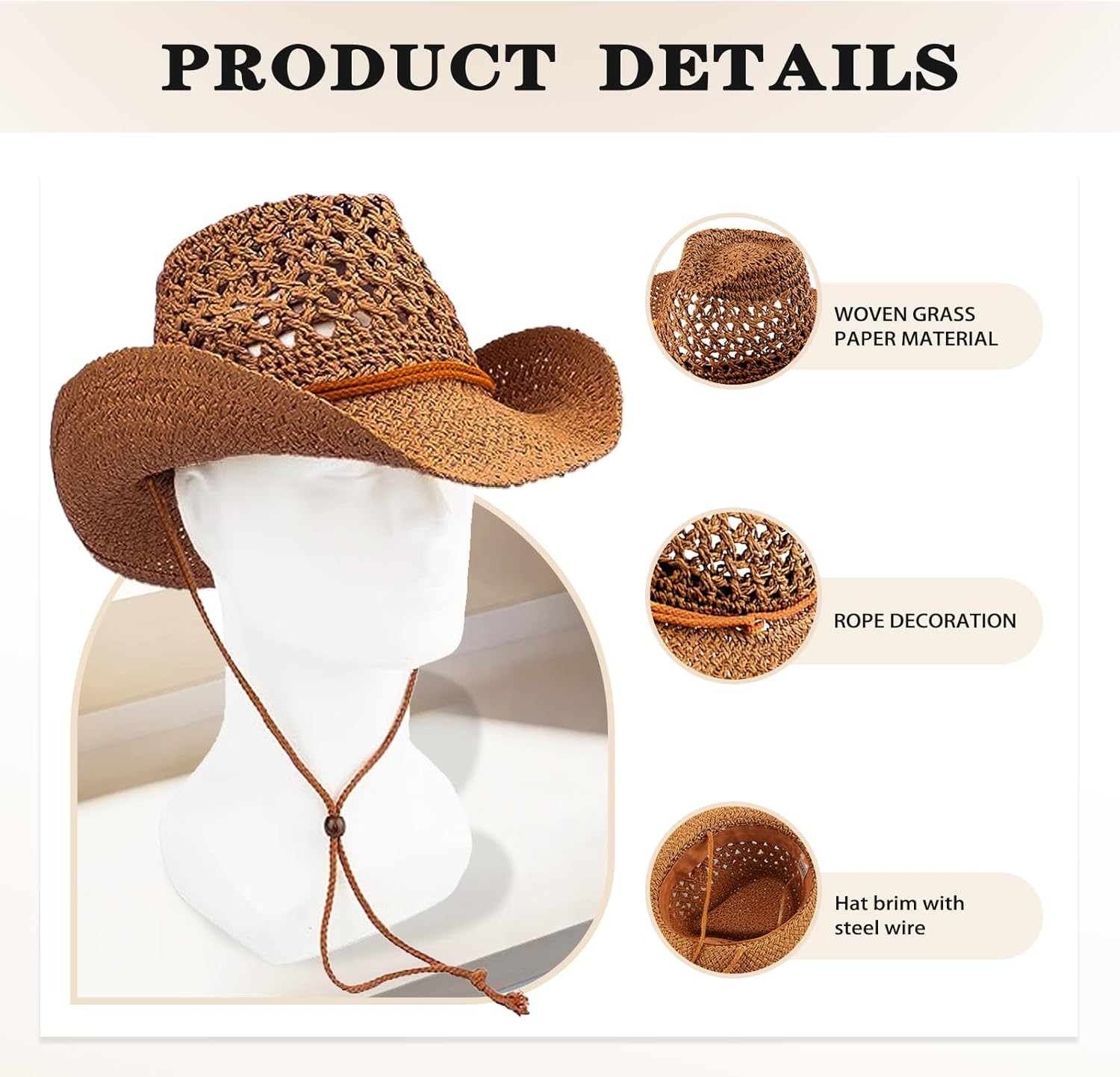 Women/Men Straw Cowboy Hat Wide Brim Sun Beach Cowgirl Hat Summer Western Cowboy for Travel Outdoor Family - Image 3