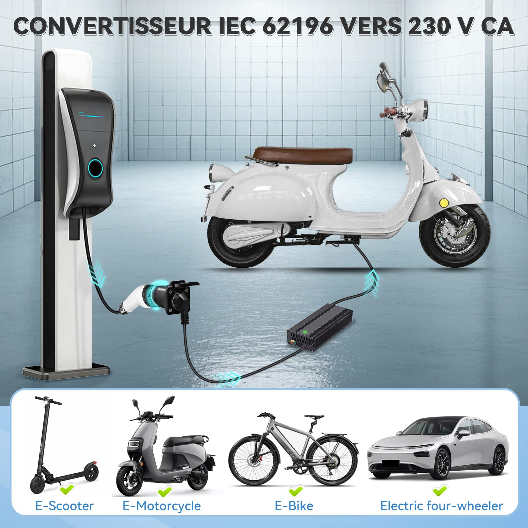 JULIK Adaptateur Type 2 vers Schuko 16A - 3.5kW (220V) – Convertisseur de Borne/Chargeur Type 2 en Prise Schuko – Alimentation pour Voitures Électriques, E-Vélos, Équipements (Noir)