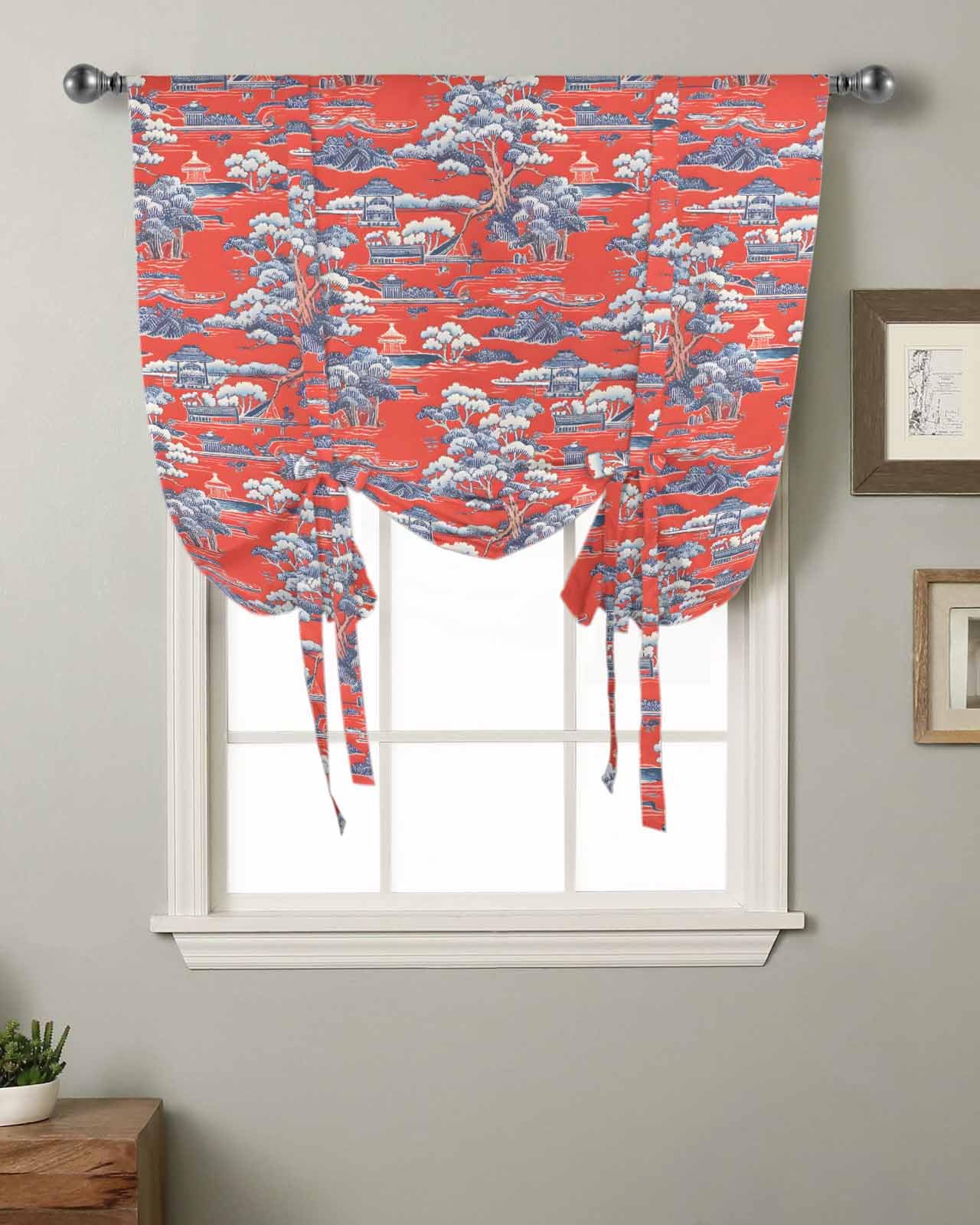Tie Up Curtains for Windows Vintage Red Chinoiserie Garden Rod Pocket Tie-Up Window Shade Adjustable Balloon Curtain Valance Retro Forest Landscape for Bedroom Kitchen Bathroom Blinds,34x45in