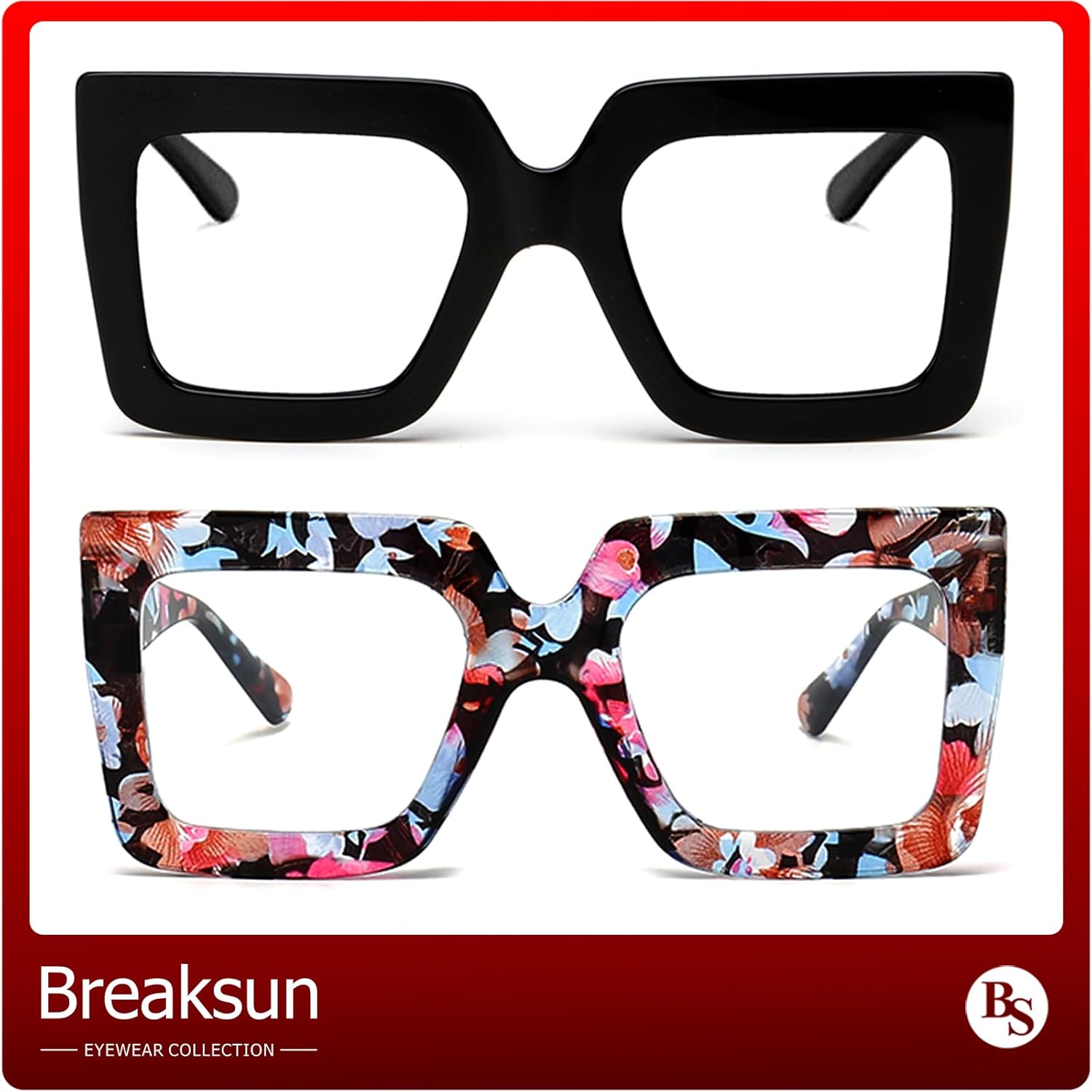 Oversized Blue Light Glasses for Women Fashion Thick Square Computer Eyewear Non-Prescription Black Glasses (Black+ Flower) Z 2pack (Black+ Flower) Clear image 3 of 6 B0CBBVVG18