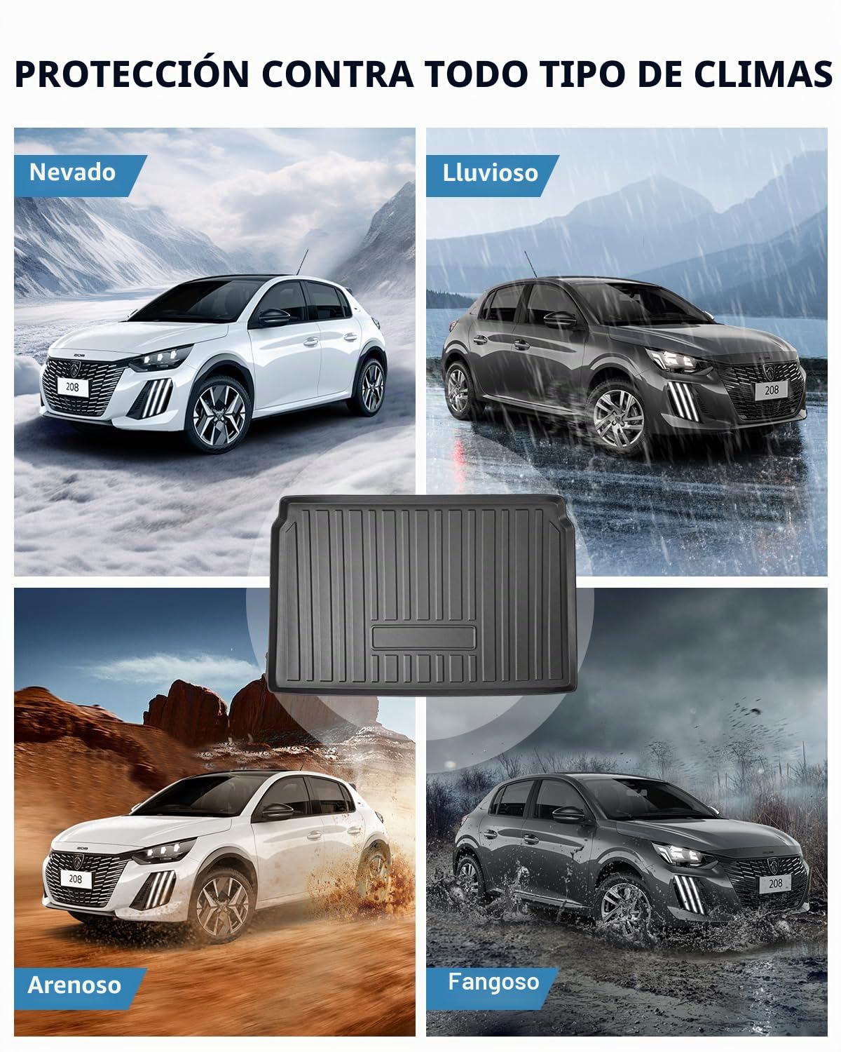 TPE Alfombrillas Maletero para Peugeot 208 E-208 2020-2025 | Alfombras Maletero Originales, Protector Maletero Antideslizantes e Impermeables, Funda Maletero con Bordes Elevados
