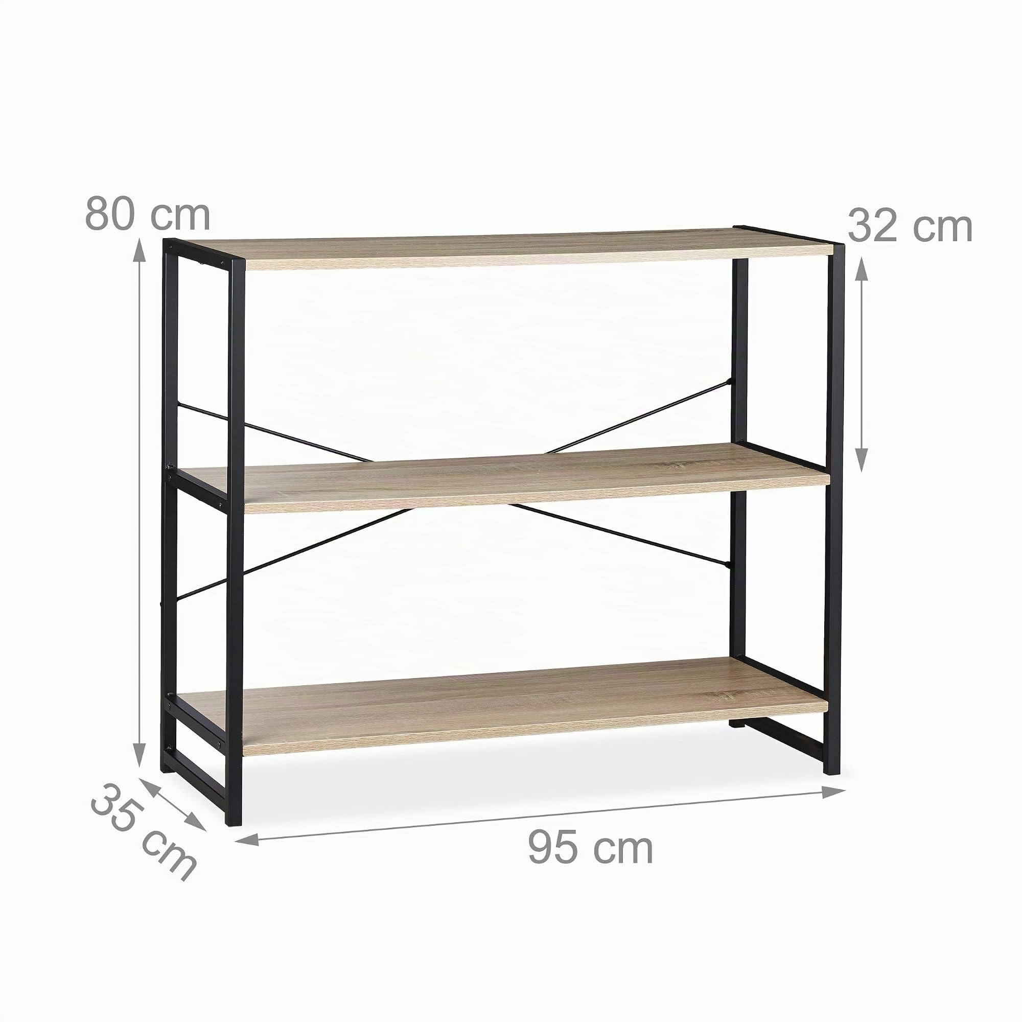 Relaxdays Scaffale in Legno Stile Industrial, Libreria Orizzontale con 3 Ripiani HLP: 80x95x35cm Metallo, Nero/Marrone