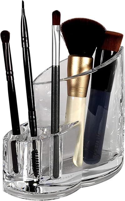 COM.TOP- Clear Makeup Brush Holder for Vanity, Acrylic Cosmetic Display Organiser with 4 Elegant Round Slots, Make Up Storage Box