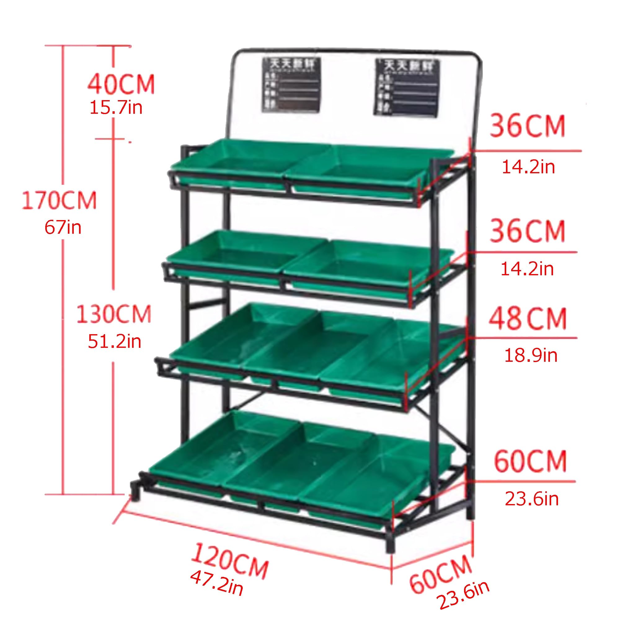 Soporte de exhibición, Estante de exhibición de verduras de 4 niveles, estante de almacenamiento de frutas de supermercado, con caja de almacenamiento desmontable(Nero,120 * 60 * 170cm)