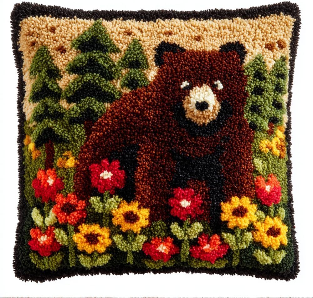 FWRTYCB Latch Hook Kits for Adults Brown Bear and Flowers Latch Hook Pillo