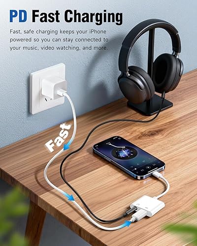 Miniatura 4 de Apple MFi Certificado - Adaptador 2 en 1 Lightning a conector de auriculares de 3.5mm, cargador rápido y divisor de audio auxiliar dongle para