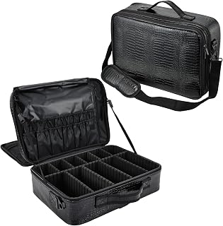 Large Makeup Bag Cosmetic Case Beauty Box Hairdressing Tools Organiser Storage Box with Strap and Removable Dividers, Black Croc