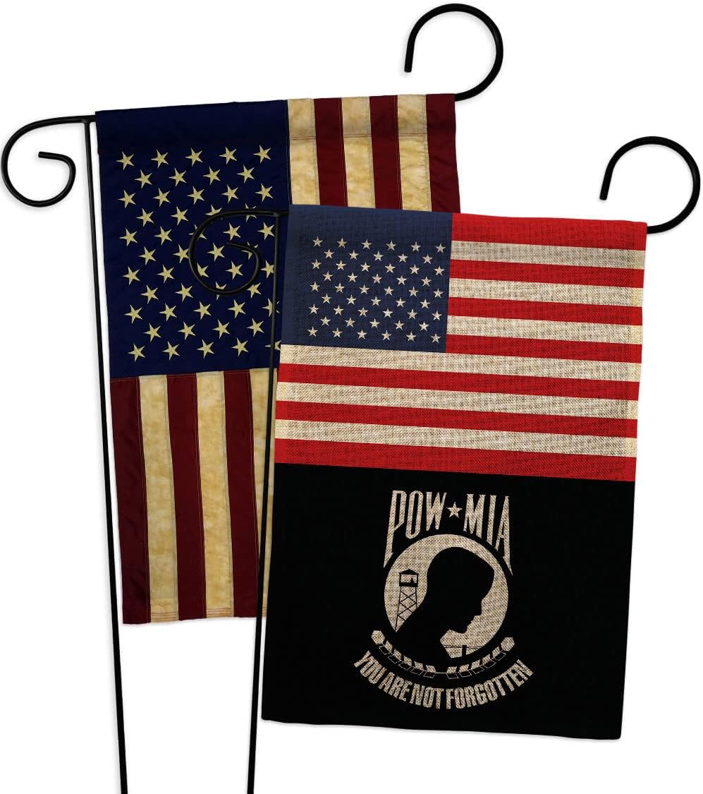 US POW MIA Garden Flags 2pcs Pack Armed Forces Vietnam WarUnited State American Military Veteran Official Small Decorative Gift Yard House Banner Double-Sided Made In USA 13 X 18.5