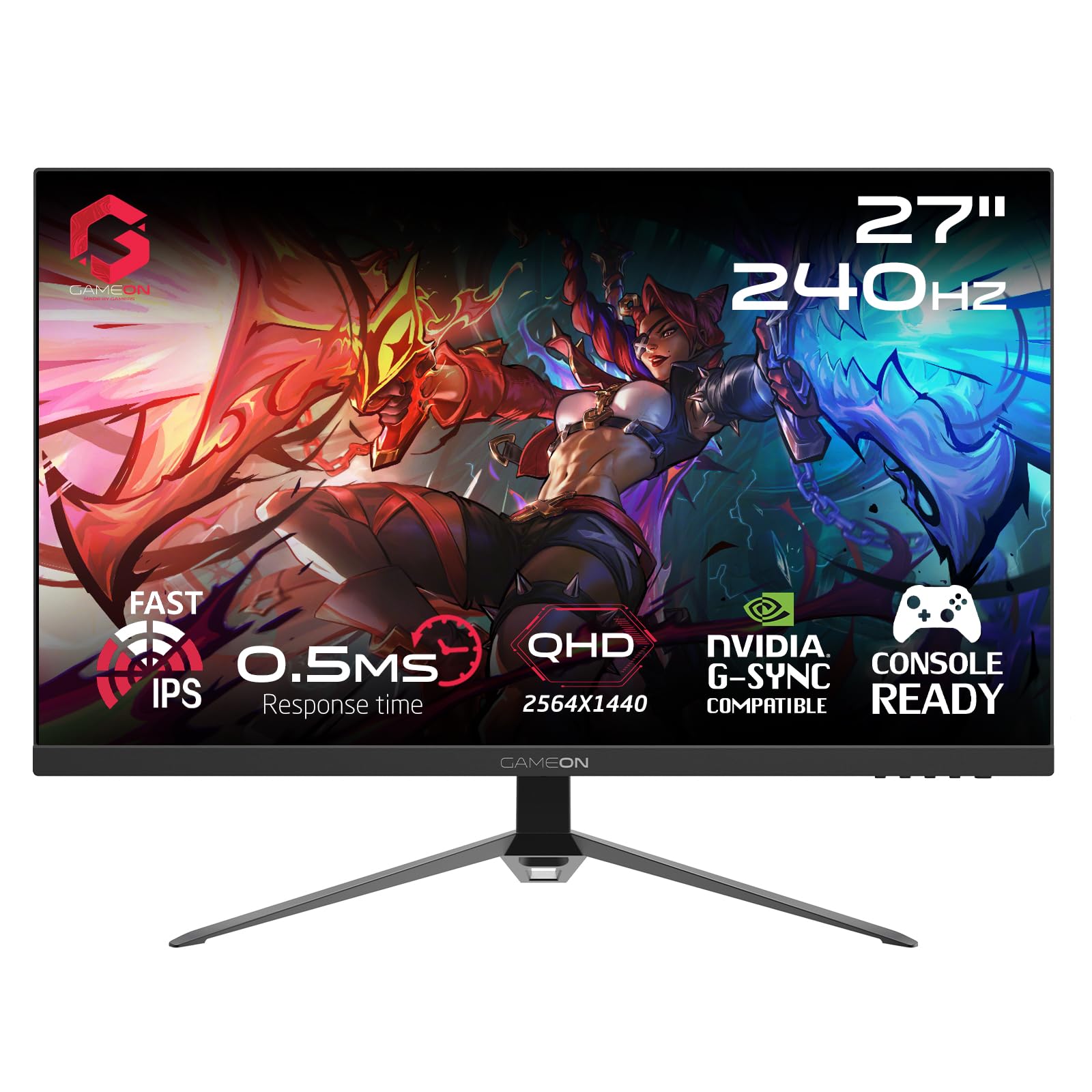 GAMEON GOES27QHD240IPS E-sports Series, Black Gaming Monitor 27 Inch,1920x1080p FHD, IPS Panel, 240Hz Refresh Rate, 0.5ms Response Time, 2.1 HDMI, Free Sync&G-Sync, Supports PS5,شاشه قيمنق 27 بوصة