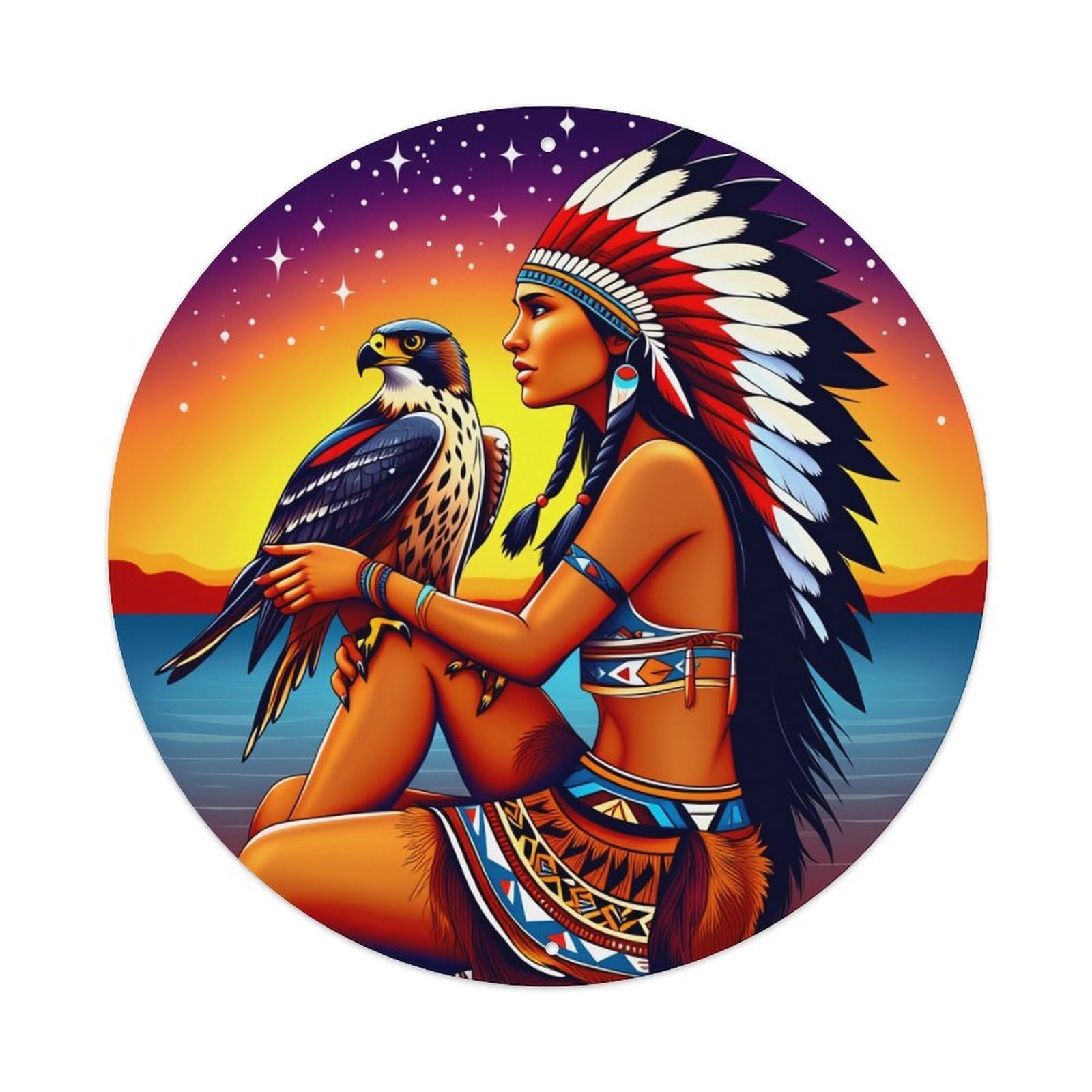 Native American Woman With Falcon Round Tin Sign Vintage Metal Poster, Home Bar Garage Man Cave Cafe Indoor & Outdoor Wall Decoration 8x8Inches