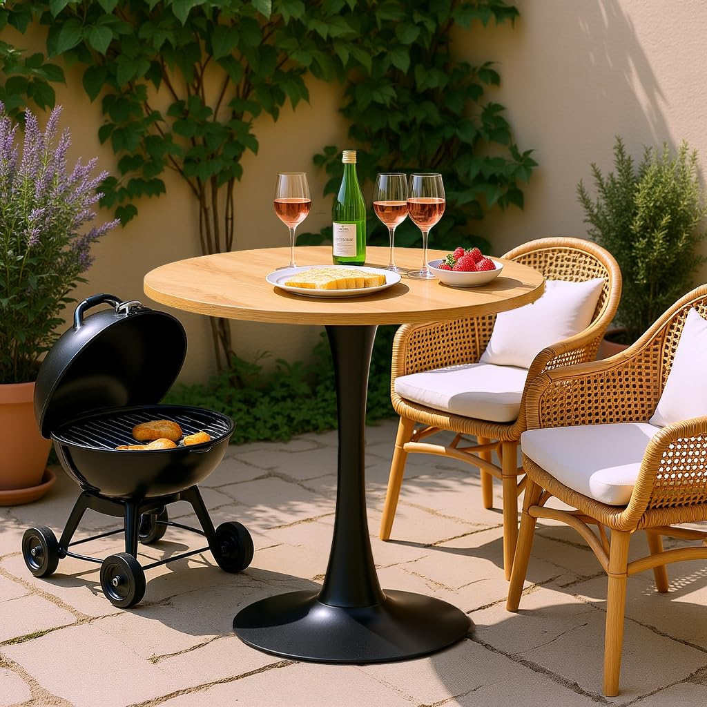 FURNISH - Mesa de picnic redonda y resistente, fabricada en madera de ingeniería y metal, mesa de ocio sólida para picnic informal en el jardín y en la terraza