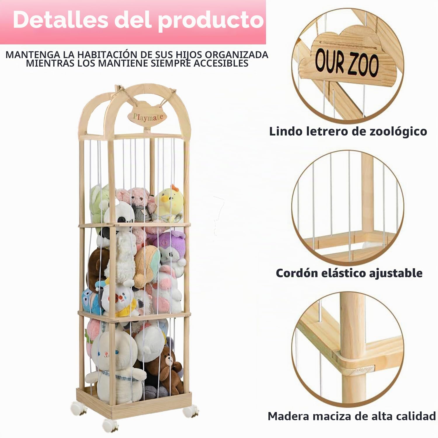 Organizador Peluches En Madera,Organizador Peluches,Guarda Con Reudas a 360°y Frenos,Ahorro De Espacio,Gran Capacidad,Portaositos Para Habitaciones Infantiles,Salas De Juegos,Etc.