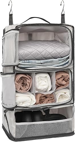 TABITORA Estantes colgantes portátiles de viaje, organizador de armario, almacenamiento de equipaje con compartimento invisible multifuncional y