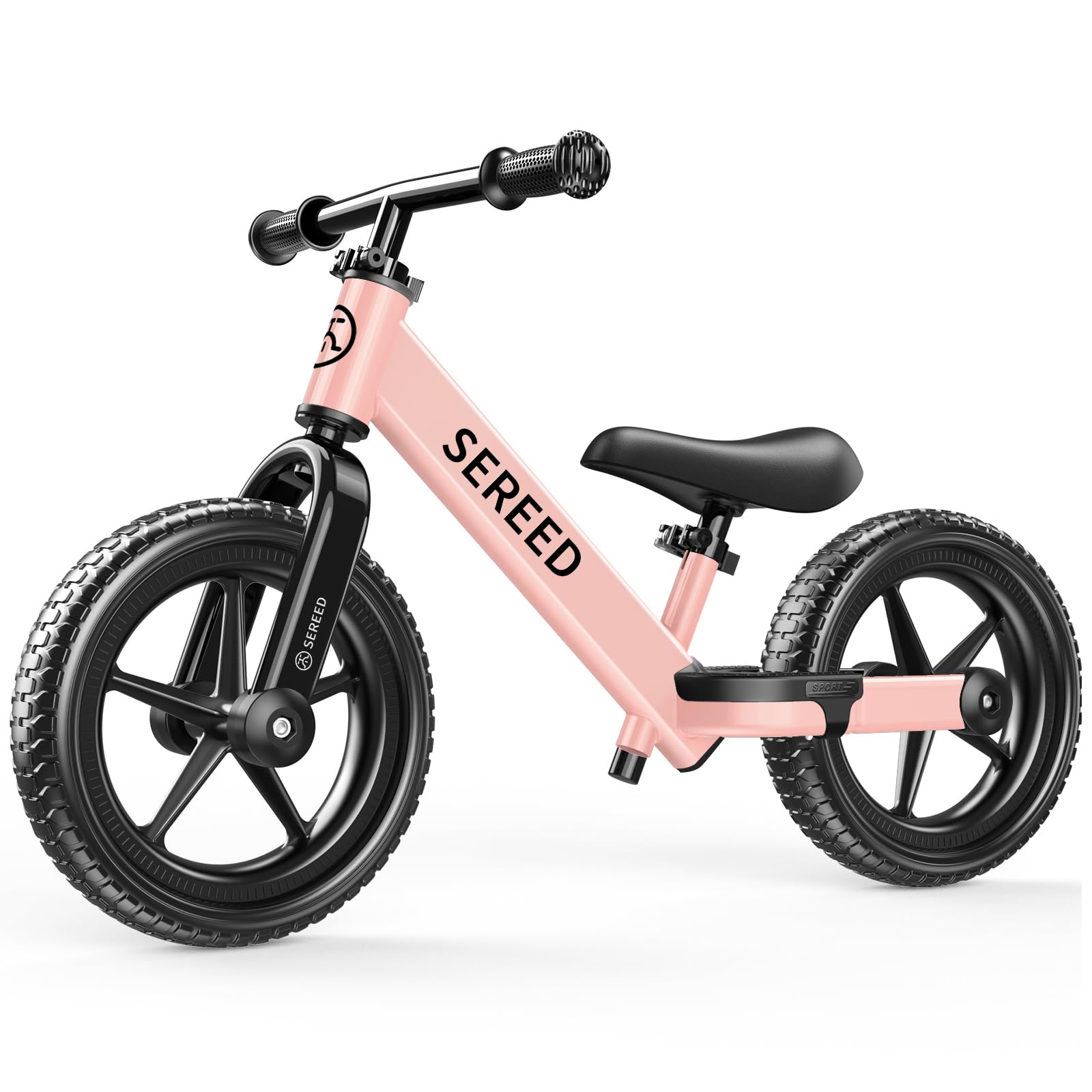 SEREED Kinder Laufrad ab 2 Jahre, Kinder fahrader Kinderspielzeug für 2-5 Jahre, Werkzeugfreie Einstellung, Geschenk für 2-3 Jungen und Mädchen, Individuelles Schild mit 3 Aufklebern (rosa)