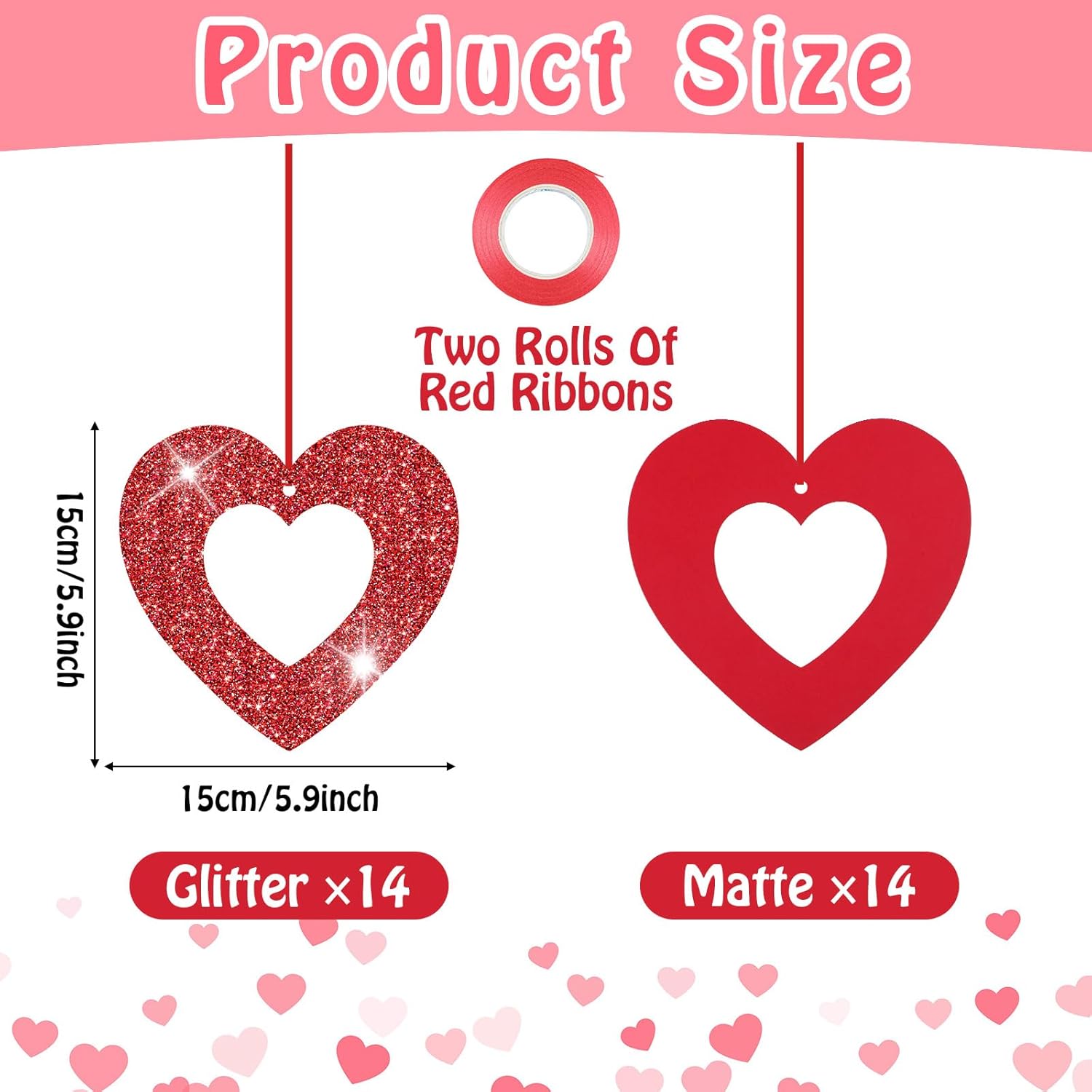 Valentine' s Day Decoration Include 2Pcs 6.6ft Valentine Felt Red Heart Garland with Wood Beads 28Pcs Glitter Heart Hanging Swirls 4 Strings Garland for Valentine Party Supplies