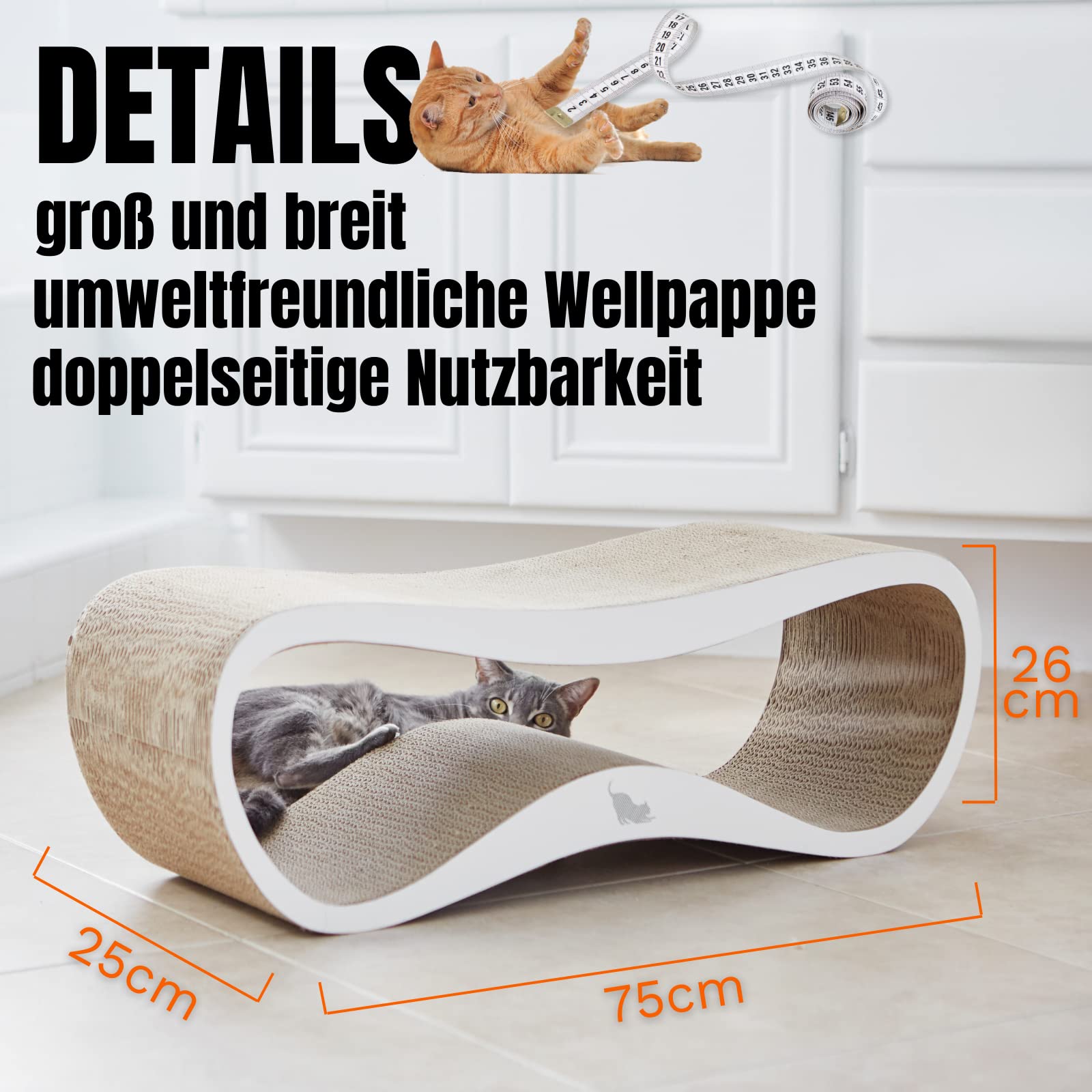 myKotty Design Kratzbank LUI – für natürliche Kratzbedürfnisse & Möbelschutz – Wellpappe Kratzbrett für alle Katzen zum Spielen, Schlafen, Kratzen – sicher & ungiftig – 75x25x26 cm – Weiß
