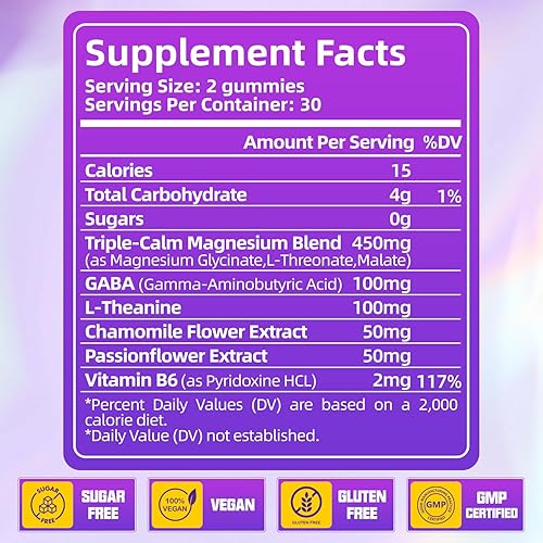 Miniatura 5 de Gomitas de glicinato de magnesio para niños y adultos, suplemento de complejo de magnesio triple calma sin azúcar con glicinato, L-treonato, malato,