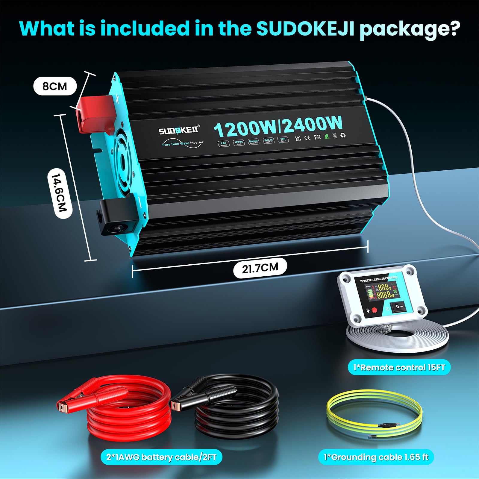 SUDOKEJI Przetwornica napięcia 1200 W/2400 W, czysta sinusoidalna przetwornica napięcia 12 V na 230 V, z pilotem LCD, złącza typu C i USB, 2 gniazda EU AC do solarnych, pojazdów, przyczep kempingowych