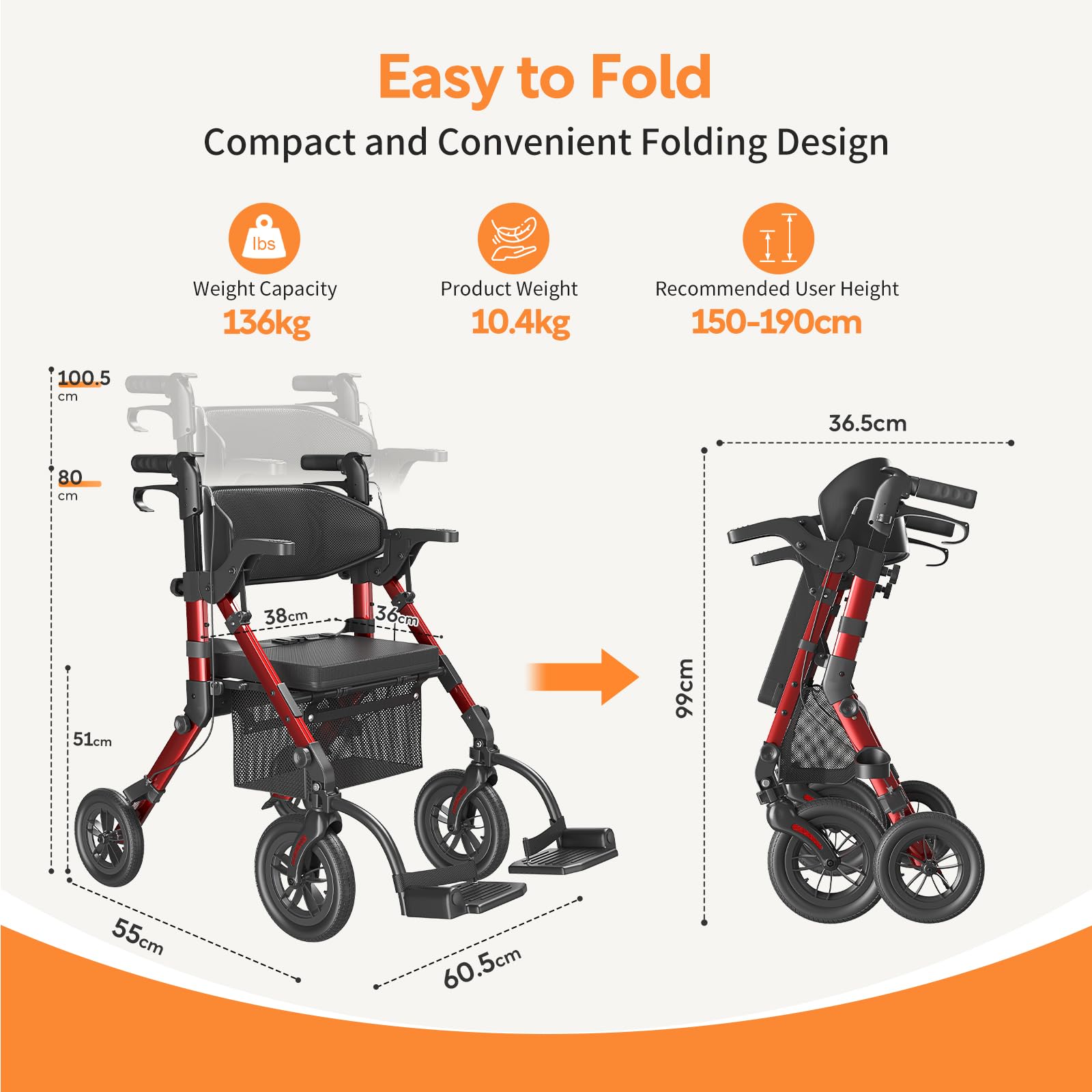 VOCIC 2 in 1 Rollstuhl Rollator Faltbar Leicht mit Sitz,Outdoor Gummireifen | Z51 Allen Gelände,Leichtgewicht Rollatoren mit Netztasche,Aluminium Gehhilfer Transport-Stuhl,Rot (5 Jahre Support)