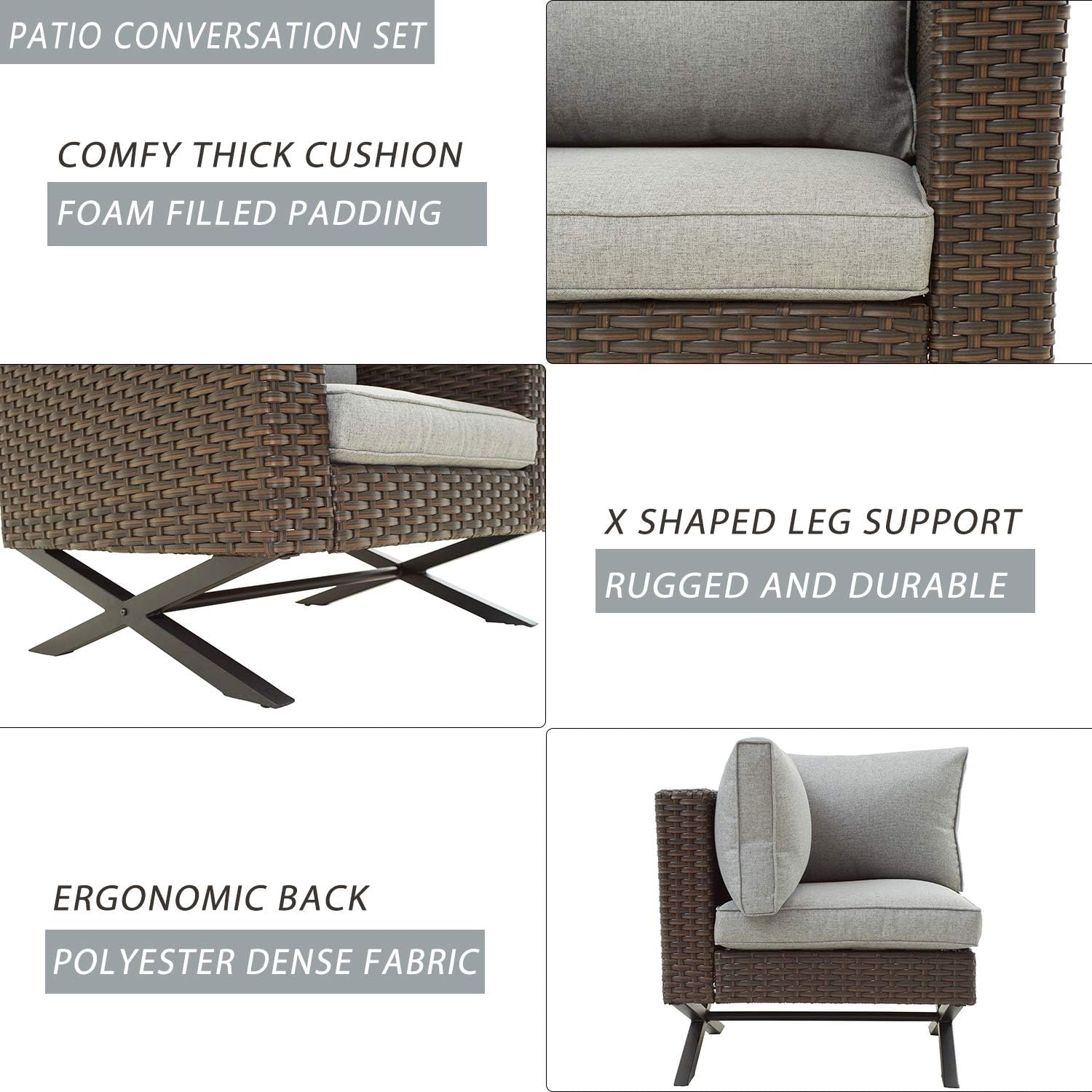Festival Depot 6 Piece Patio Outdoor Furniture Conversation Set Wicker Rattan Armchair Corner Sofa and Coffee Table X Shaped Slatted Steel Leg for Porch Lawn Garden Balcony Pool Backyard (Grey)