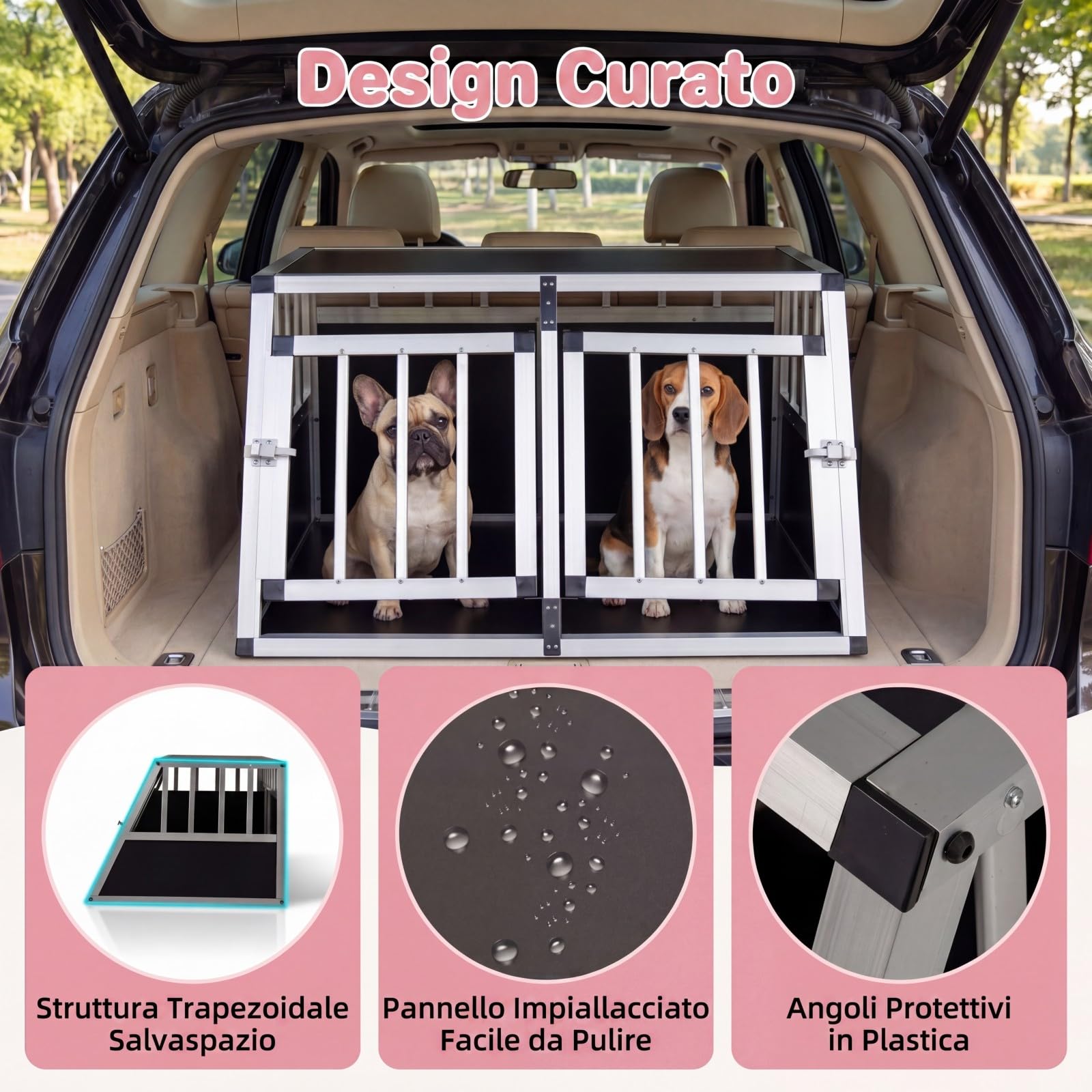 GYMAX Trasportino per Cani Auto, Gabbia per Cani in Lega di Alluminio Con 2 Divisori Rimovibili e Doppie Porte con Serratura, Angolo Apertura di 100°, per Viaggio Veterinario 89 x 69 x 50,5 cm