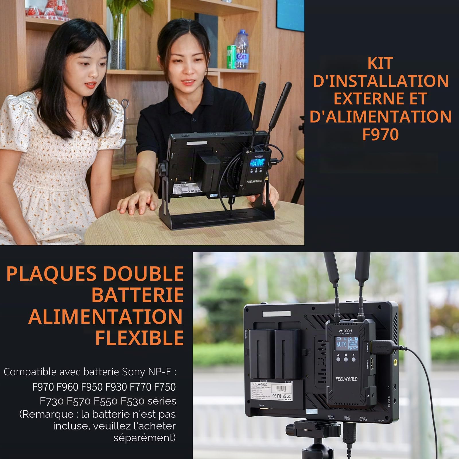 FEELWORLD LUT11H Moniteur d'appareil photo reflex numérique ultra lumineux de 10,1 pouces 2000 nit avec écran tactile forme d'onde LUT F970 Kit d'installation et d'alimentation HDMI entrée sortie