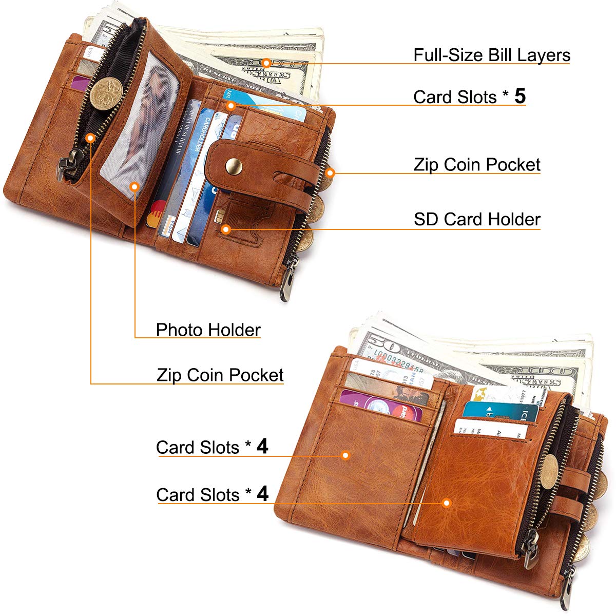 REETEE Portefeuille Homme en Cuir Blocage RFID Porte Monnaie Homme 16 Fentes pour Cartes Fermeture Eclair Poche à Monnaie avec Chaine Porte-Monnaie Classique (Marron Clair) …
