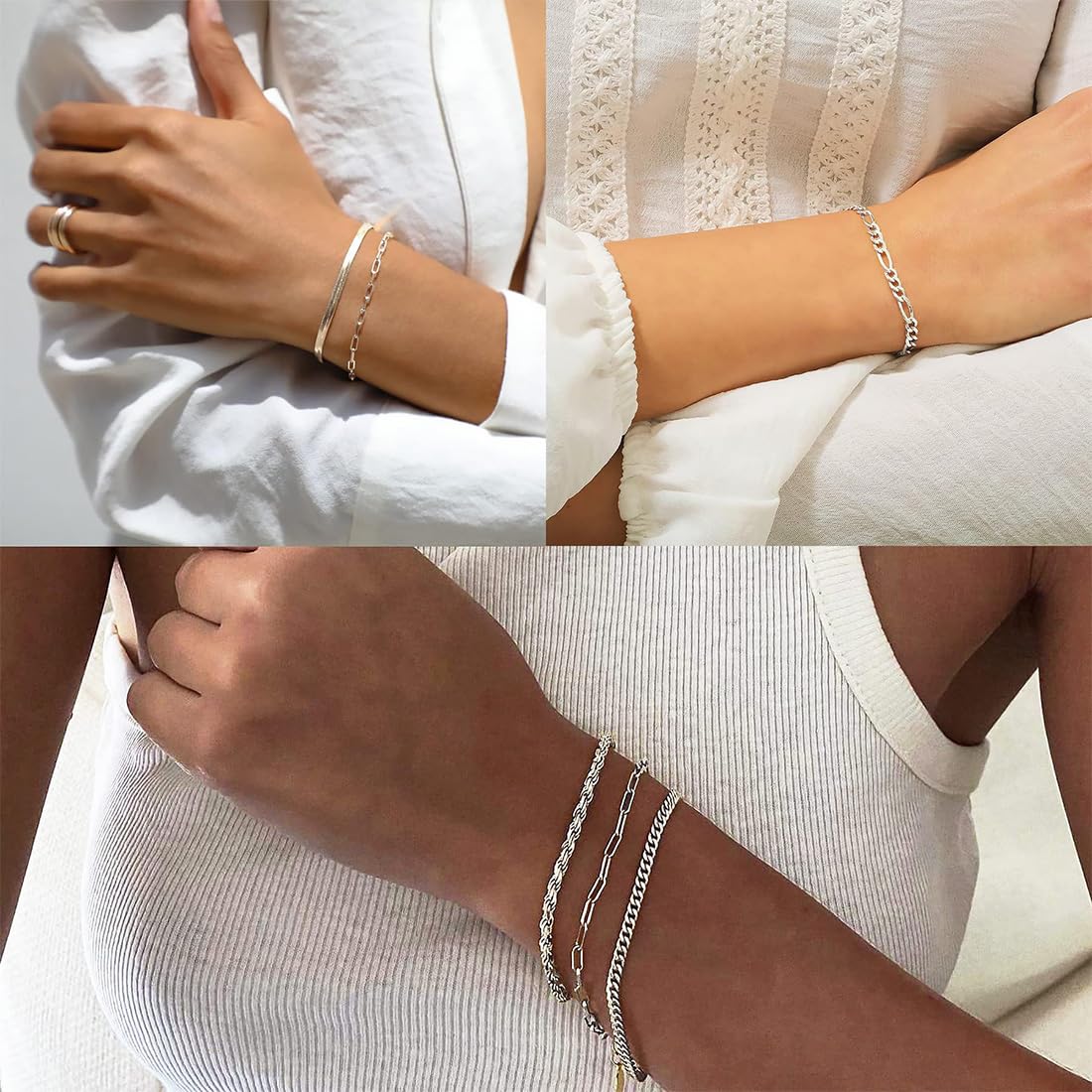 CASSIECA 5Pcs Chaîne Bracelets pour Femme Plaqué Or 18K Bracelet Acier Inoxydable Femme Twist Figaro Chaîne Bracelets Réglable CZ Bracelets Ensemble Argent Bracelets pour Femme Filles