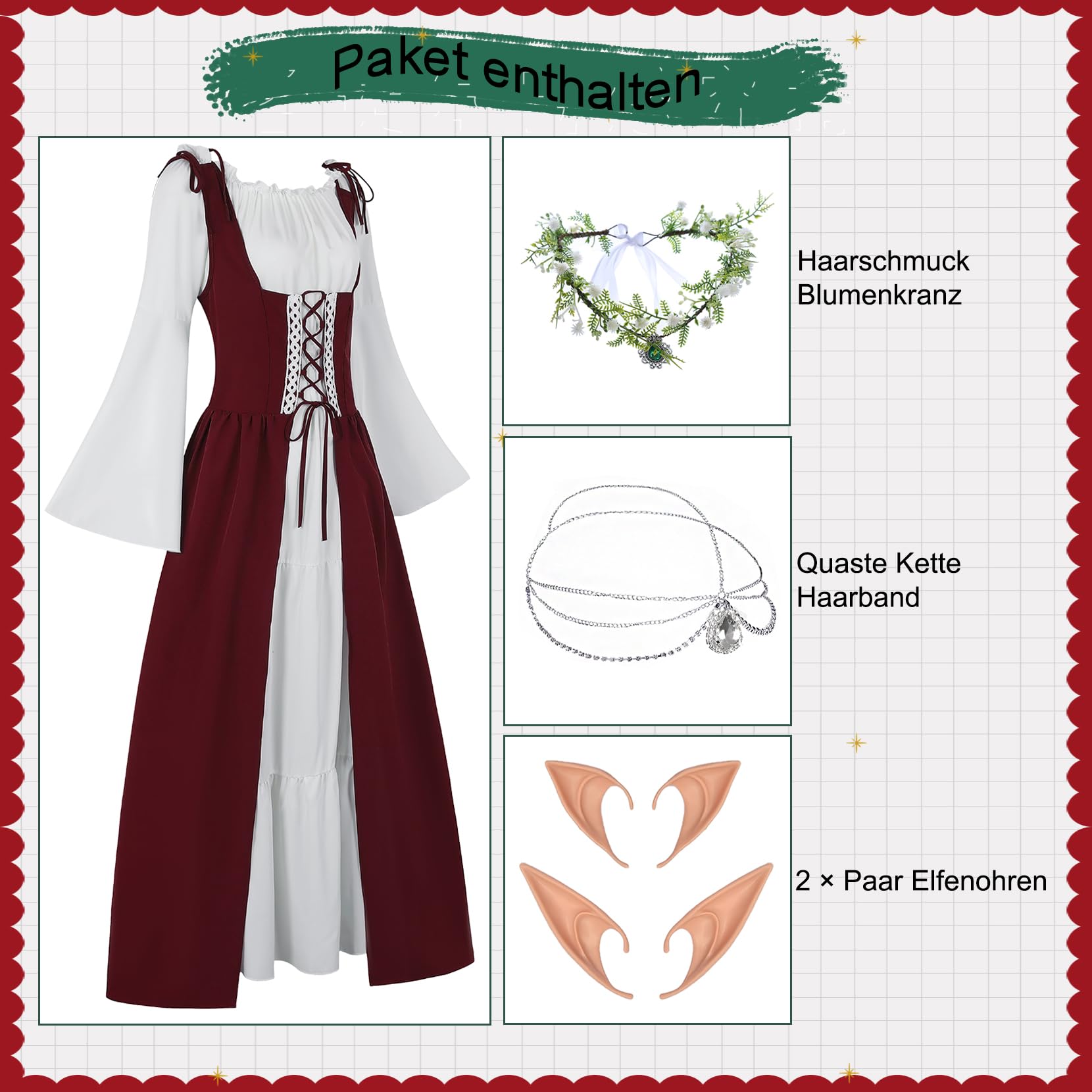 FOVER Ropa gótica para mujer, vestido medieval renacentista, mangas de trompeta, vintage, vestido de carnaval, disfraz de pirata, cosplay, traje con cabeza, cadena de flores, orejas de elfo,