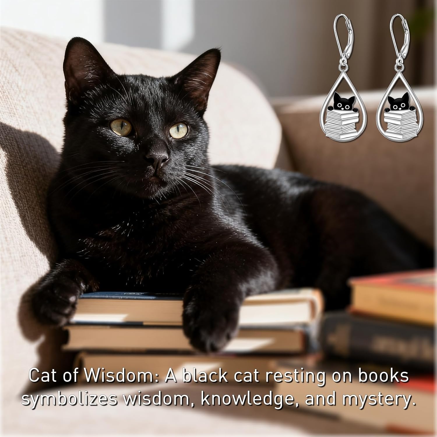 Black Cat Earrings for Women Dangle Halloween Cat Book Earrings Sterling Silver Dangling Leverback Animal Jewelry Birthday Valentines Day Gifts - Image 3