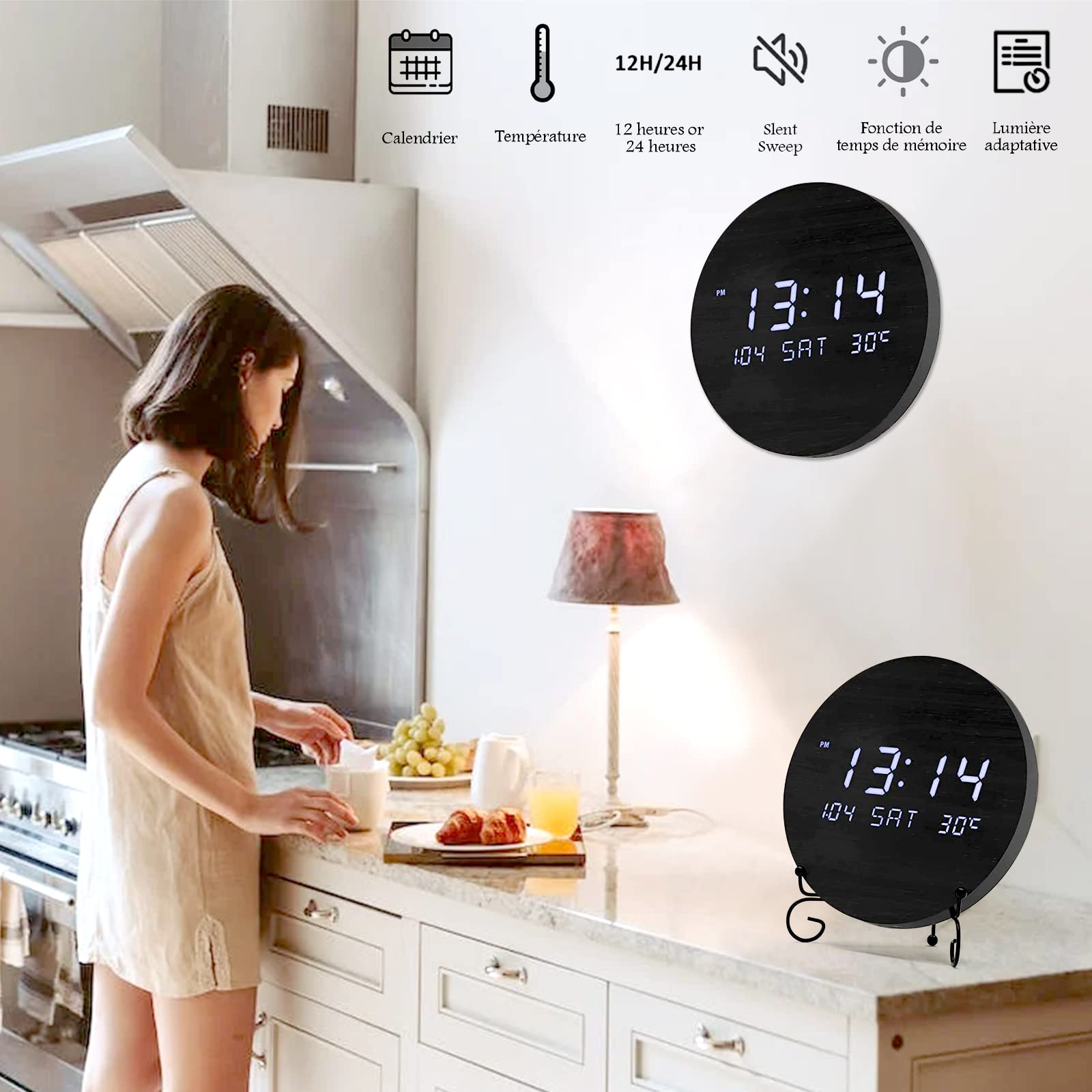 BIGFOX Horloge Murales NuméRique à LED avec Afficher la Date et la TempéRature,Horloge Silencieuse en Bois pour Chambre,Cuisine,Bureau