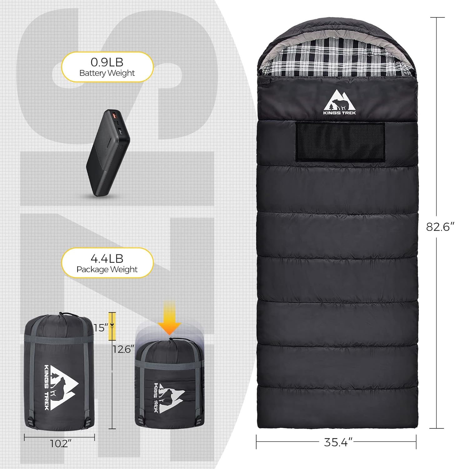 KINGS TREK Sleeping Bag Heated with Battery Pack & Compression Bag, Waterproof Lightweight Sleeping Bag for Camping, Backpacking, Hiking (Black) : Sports & Outdoors