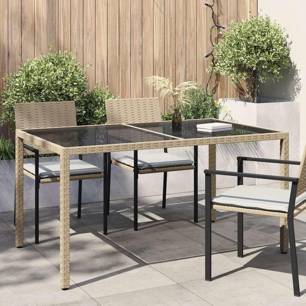 SXZenSpace Poly Rattan Garden Coffee Table 150x90x75 cm with Tempered Glass Top, Beige & Black Steel Frame, Outdoor Patio Dining Side for Garden, Balcony or Terrace
