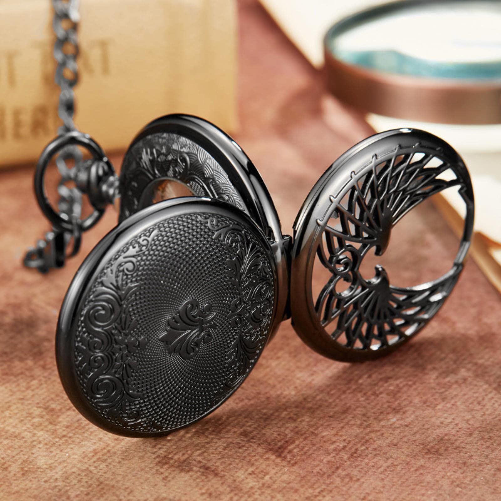 Amazon.co.jp: ユニークな翼機械式懐中時計チェーン中空デザイン