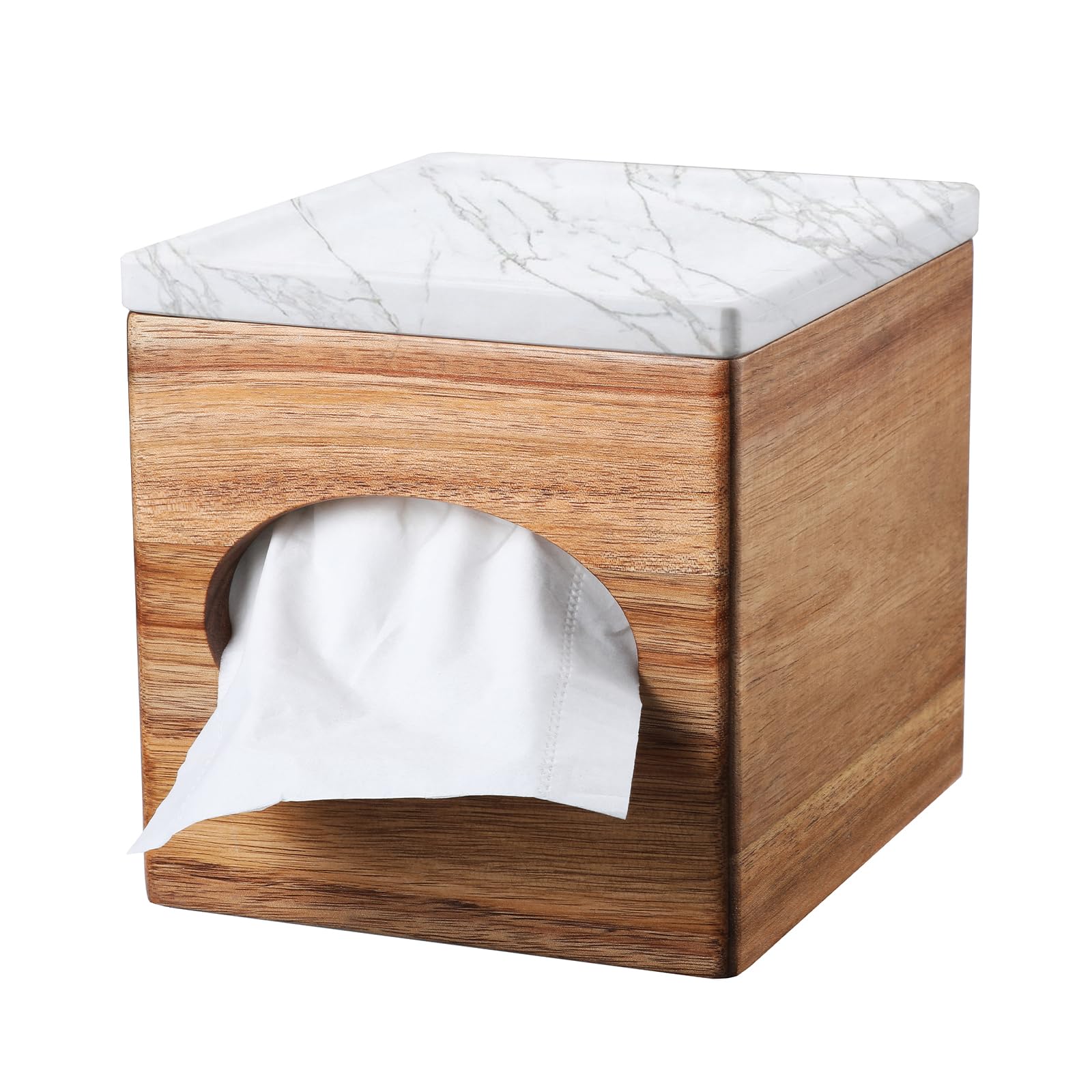 Acacia Tissue Box Marble top Natural Wood Decorative Tissue Cover for Bathroom Tissue Box Cover Cube for Home Office Table Counter Tissue Holder with stoarge Tray