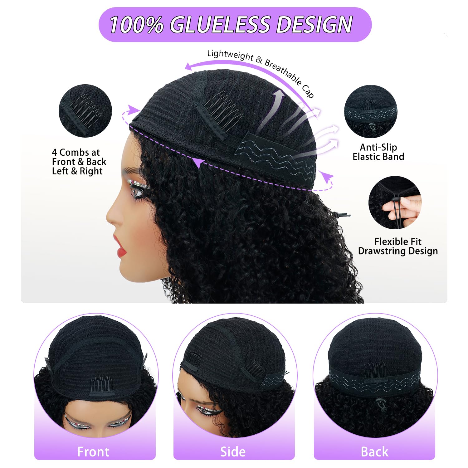 Canaryfly Afro Kinky Curly Human Hair Half Wigs For Black Wome 200% Density 3 In 1 Half Wig Human Hair Afro Curly Flip Over Wigs With Drawstring Beginner Friendly,Natural Hairline, Black Color(24inch)