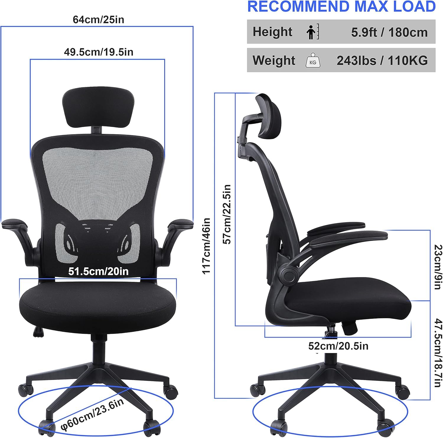 Bürostuhl Ergonomisch Computerstuhl mit Verstellbarer Kopfstütze und Lordosenstütze Schreibtischstuhl Ergonomischer Bürostuhl für Home Büro Bis 150KG Belastbar (Schwarz)