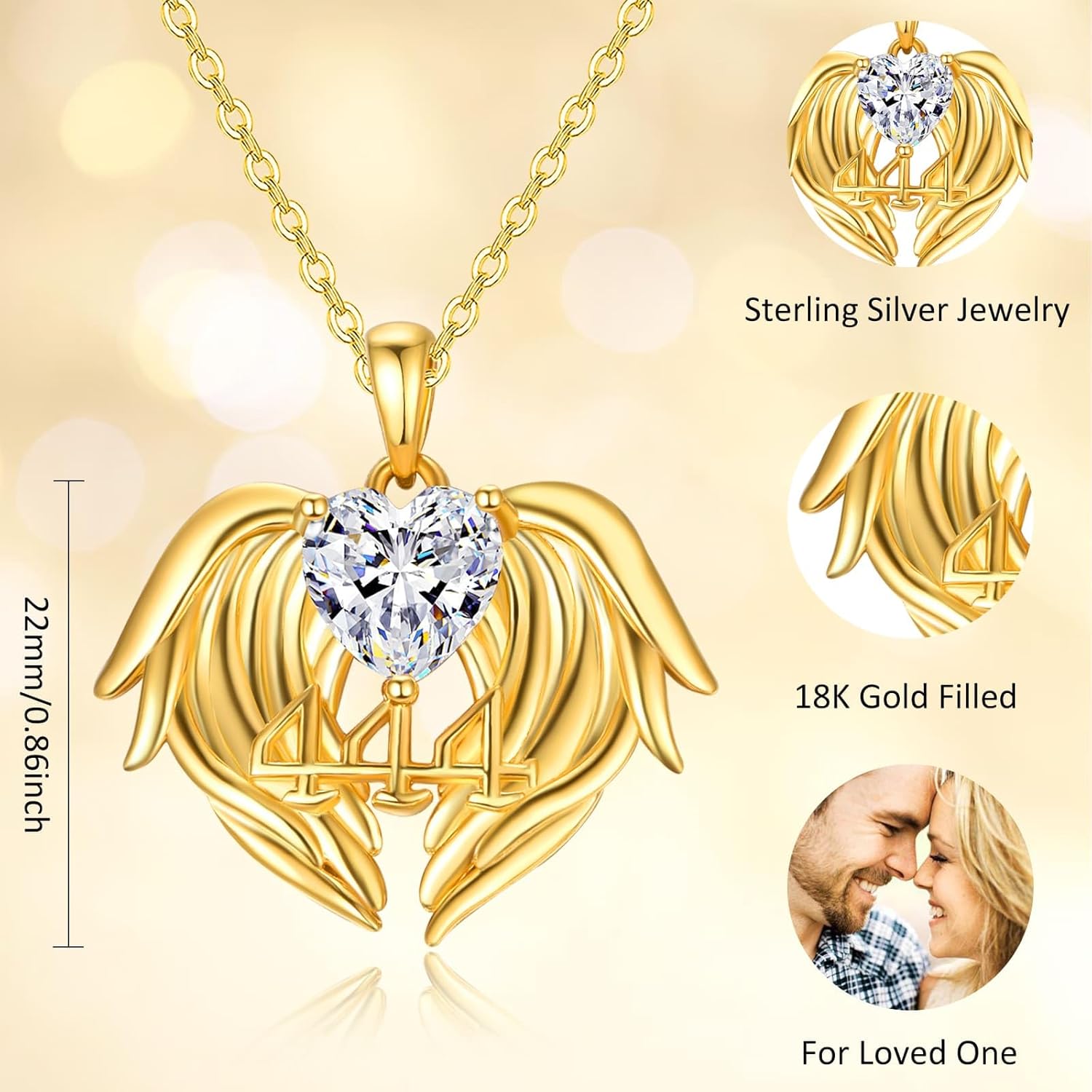 AENEAS 444 Angel Number Necklace Sterling Silver Gold Filled Angel Wings Heart Pendant Jewelry Gift for Women