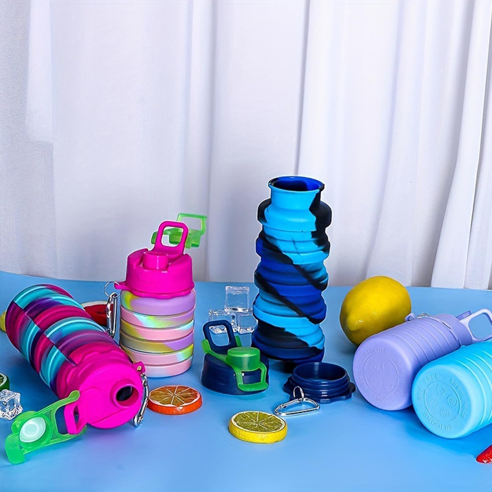 Faltbare Wasserflaschen, Silikon, faltbar, mit Karabiner, tragbar, auslaufsicher, BPA-frei, zum Anklippen, wiederverwendbar, Reiseflasche für Camping, Wandern, Radfahren, Outdoor-Sport, 12 Stück